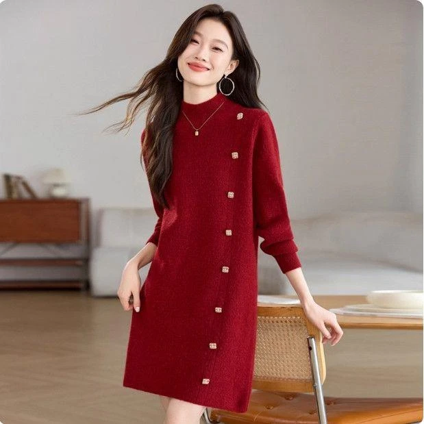 配大衣加厚毛衣女秋冬2025新款中长款打底衫内搭遮屁股针织连衣裙