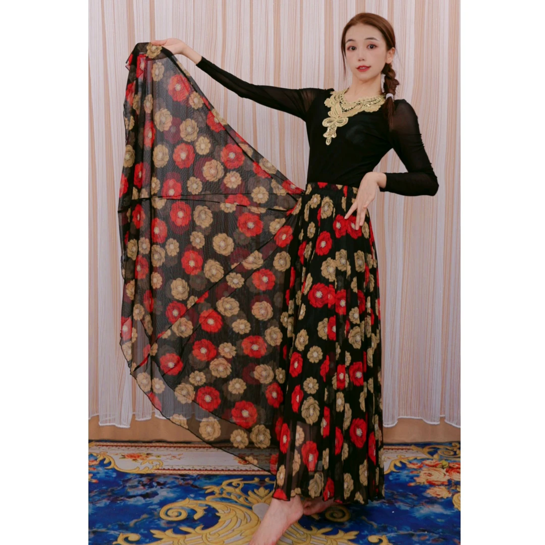 《红咖玫瑰》 夏季新疆民族风舞蹈双层半身裙720显瘦百搭