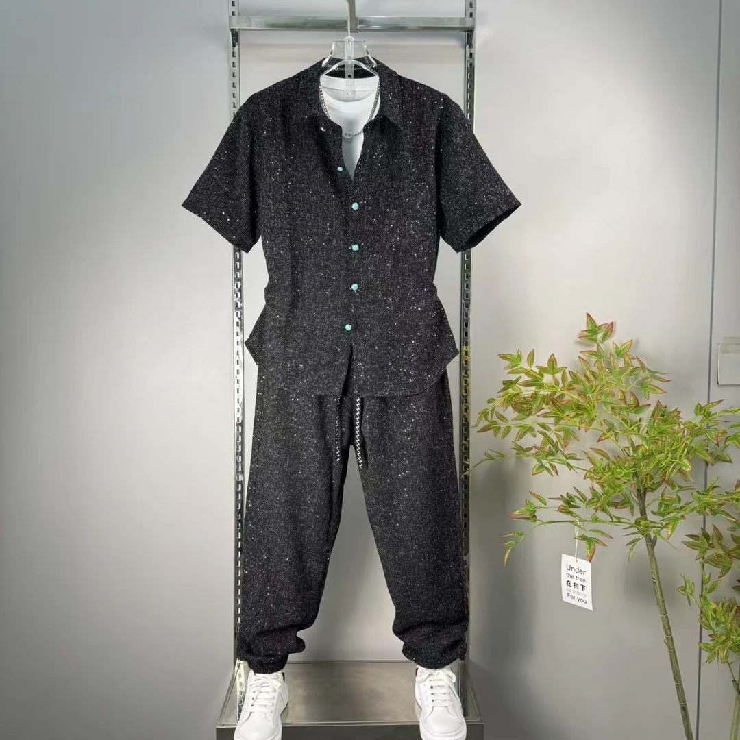 夏季新款轻薄满天星短袖衬衫短裤两件套时尚潮流简约五分裤套装男