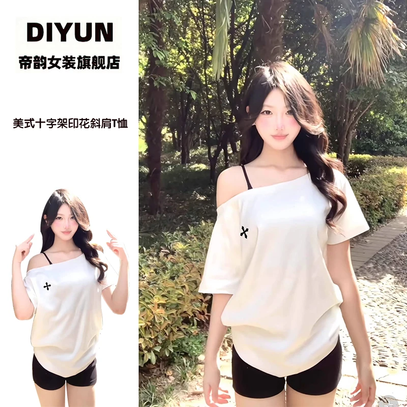 【帝韵】美式斜肩短袖T恤女夏季新款十字架印花宽松一字肩露肩上衣