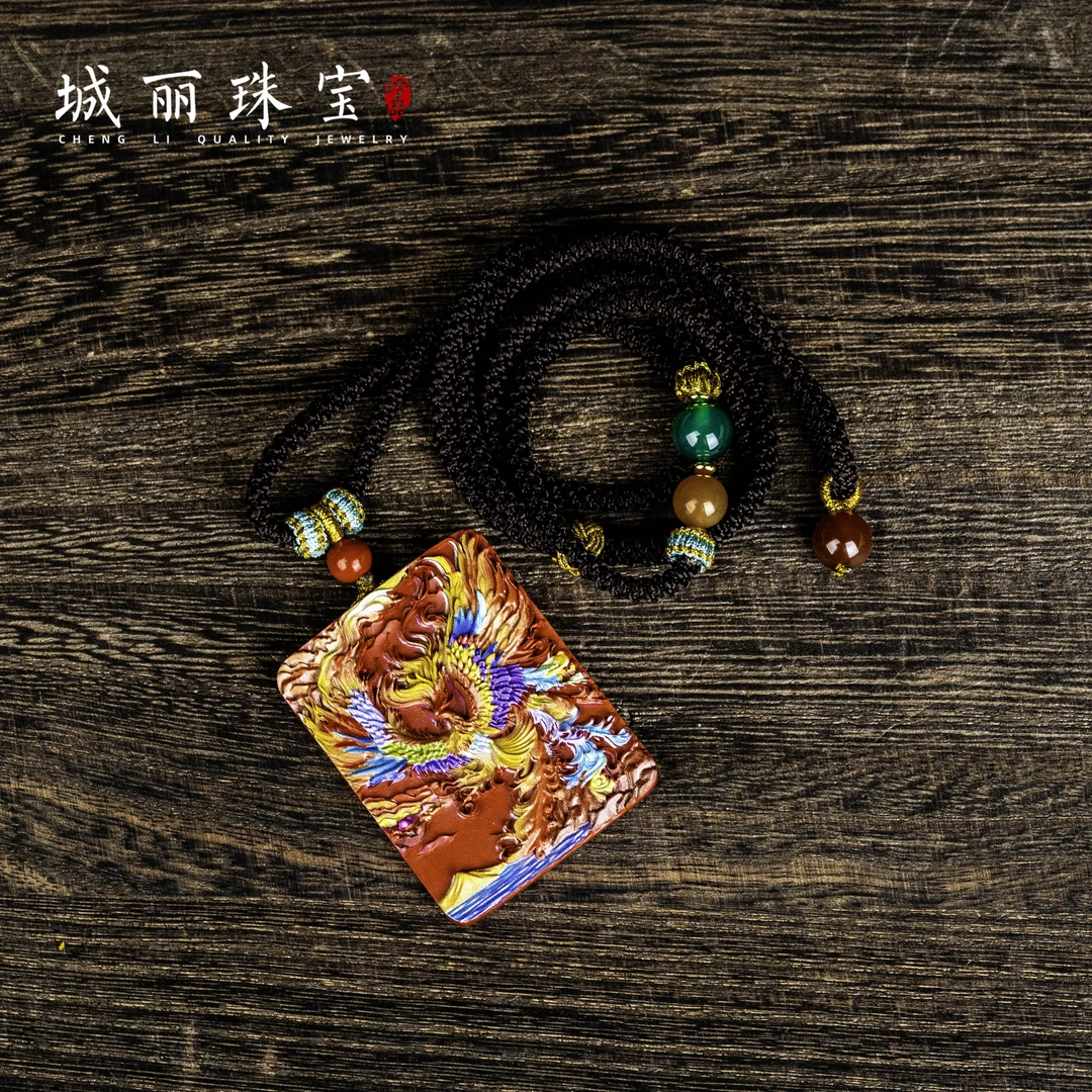 天然辰砂彩 朱雀方牌项链/条FL-2510