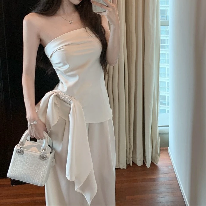 高级感不规则绑带收腰短款无袖抹胸背心女高腰显瘦阔腿裤套装2025