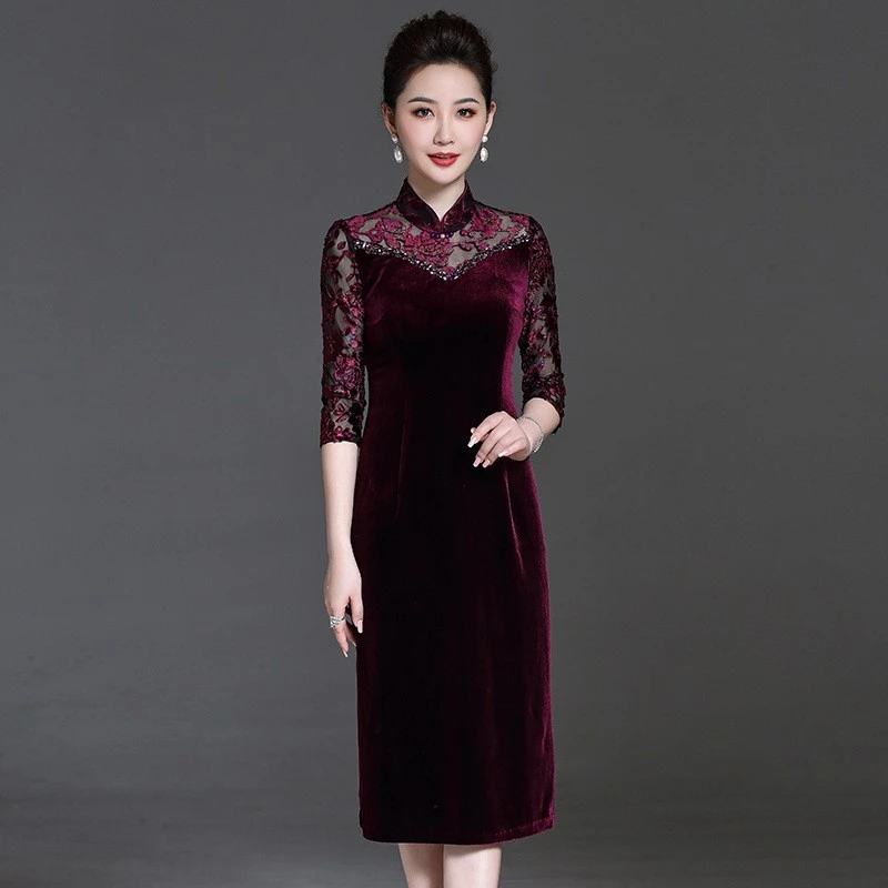 金丝绒连衣裙日常款高端旗袍秋季高档喜婆婆喜妈妈婚宴礼服