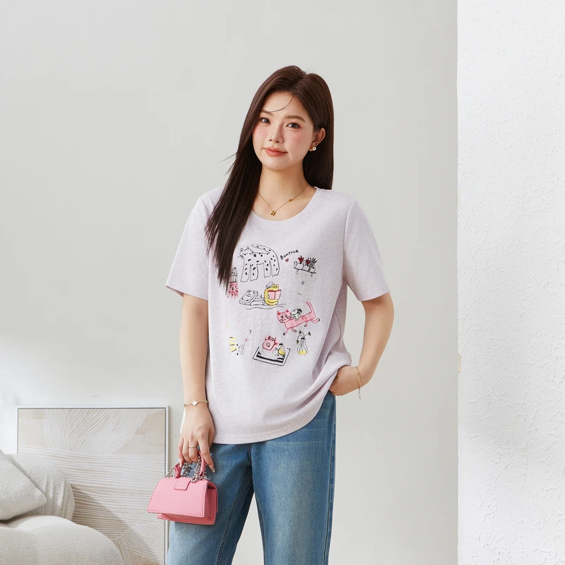 采多宝T恤女装卡通字母印花针织上衣EXZ5183