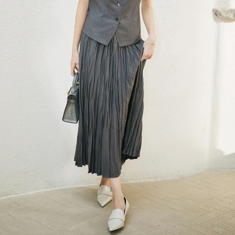 风笛2025秋季新款裙子高腰显瘦百褶半身裙通勤褶皱设计感半身裙女