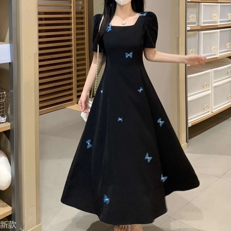 法式赫本风蝴蝶印花气质茶歇裙大码胖mm高级感复古收腰显瘦连衣裙