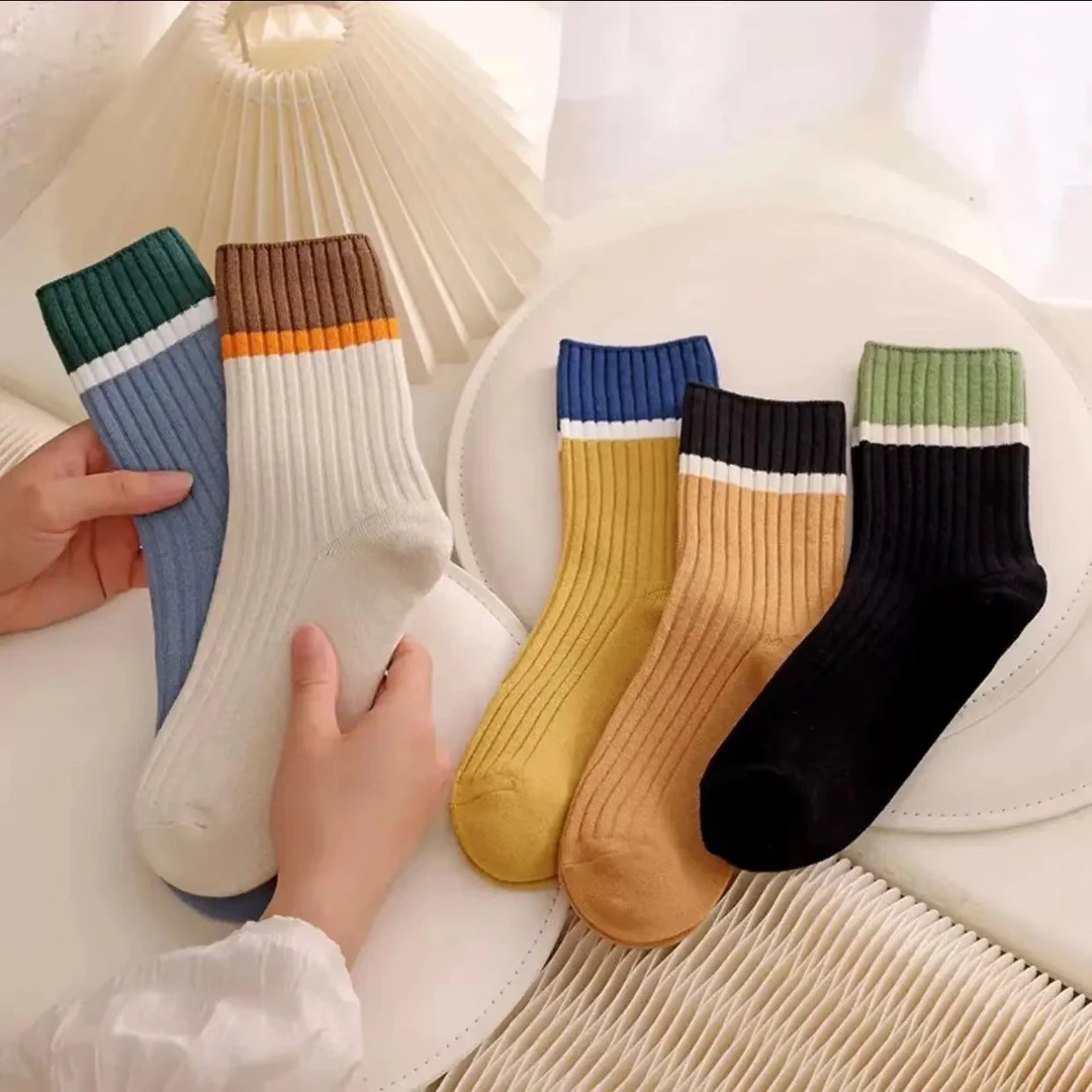 【买5双送？双】秋冬2025新款学院风条纹拼接撞色双针男女通用棉袜