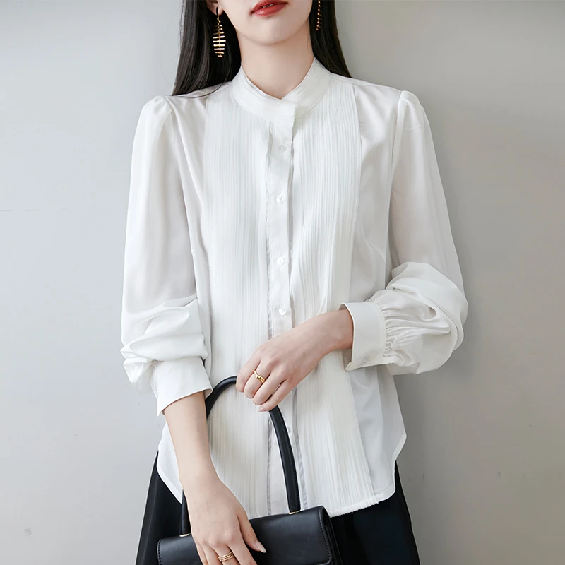羊范春夏新款纯色简约立领风琴袖衬衫女设计感百搭开衫高级感外搭