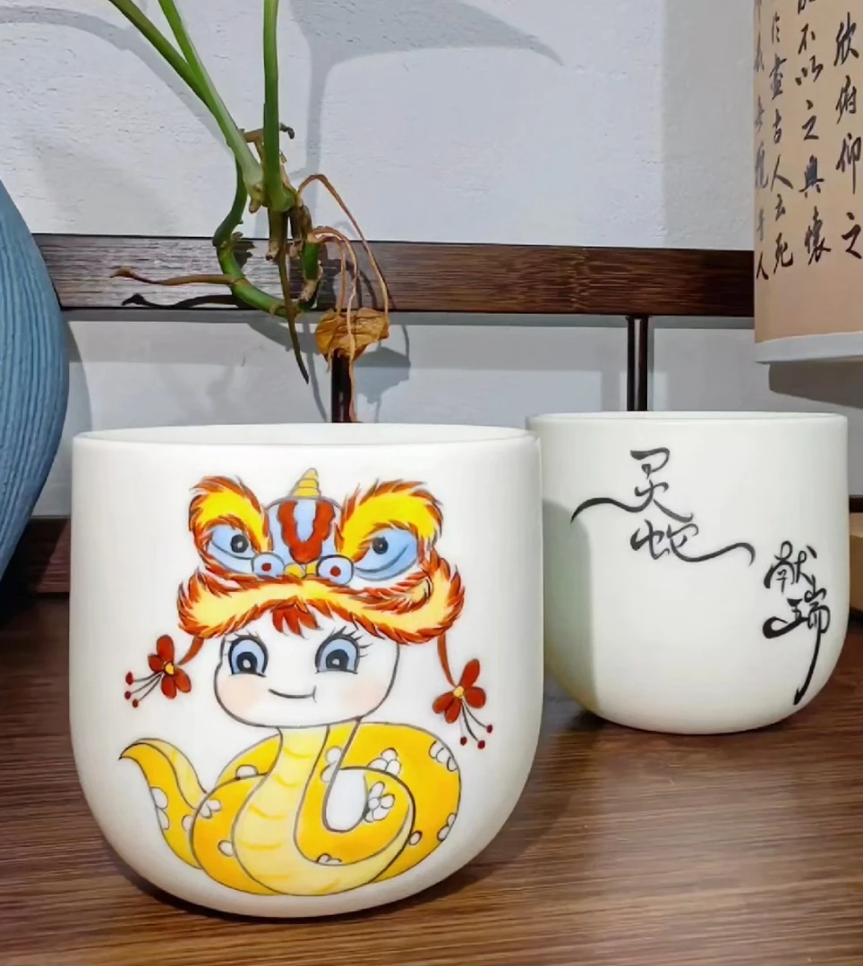 手绘《小花蛇》情侣杯主人杯水杯陶瓷杯可爱茶杯创意