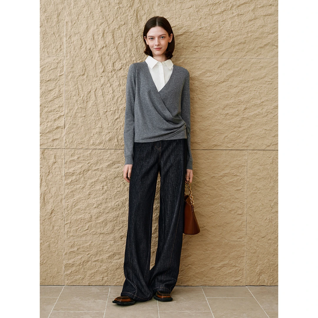 INSUN恩裳专选2025秋季假两件针梭拼交叠式羊毛针织衫9C65306040