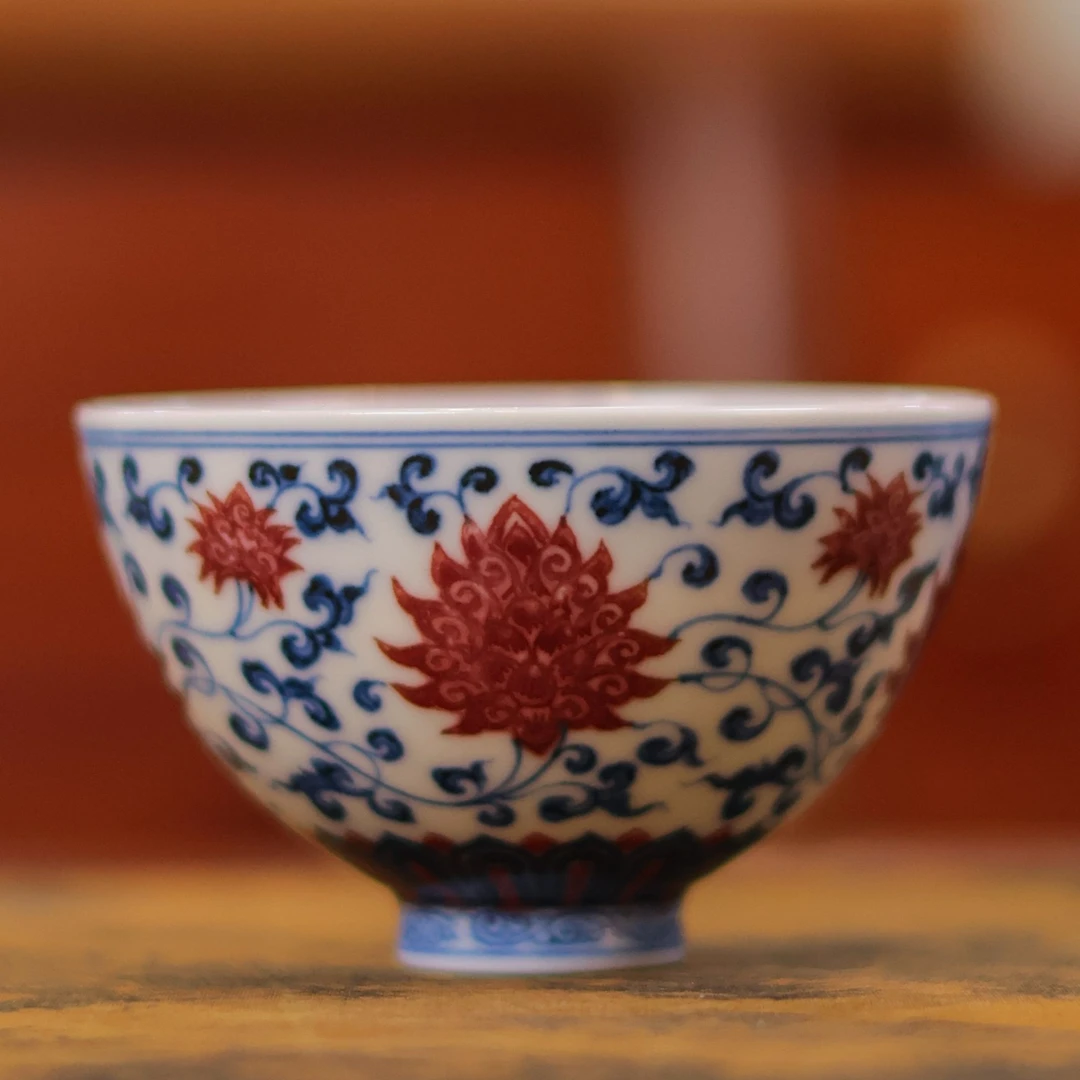 勤义堂青花釉里红缠枝金刚莲鸡心杯景德镇高温陶瓷主人杯单杯