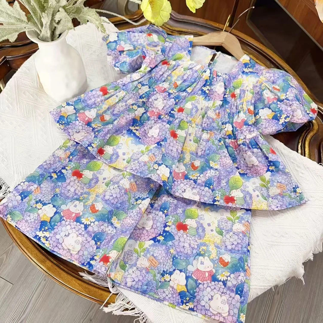 239小可爱女套棉绸亲子短袖套装女童可爱短袖长裤套装