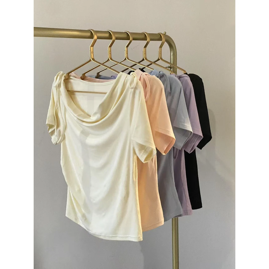 紧赛木天丝纤维一字肩短袖女T恤夏季露肩收腰显瘦百搭上衣HD04播