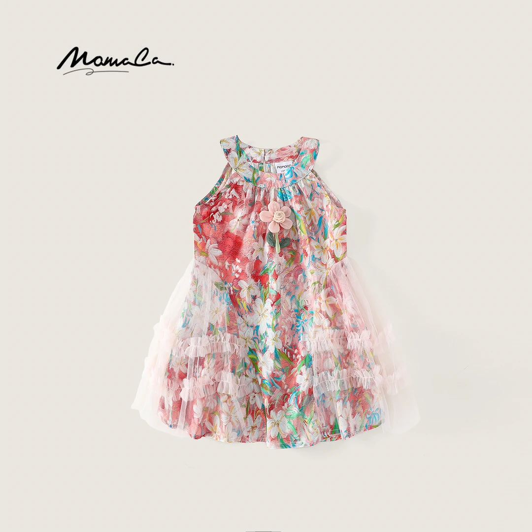 MOMOCO女童夏季洋气满印花朵拼纱挂脖连衣裙77630476064