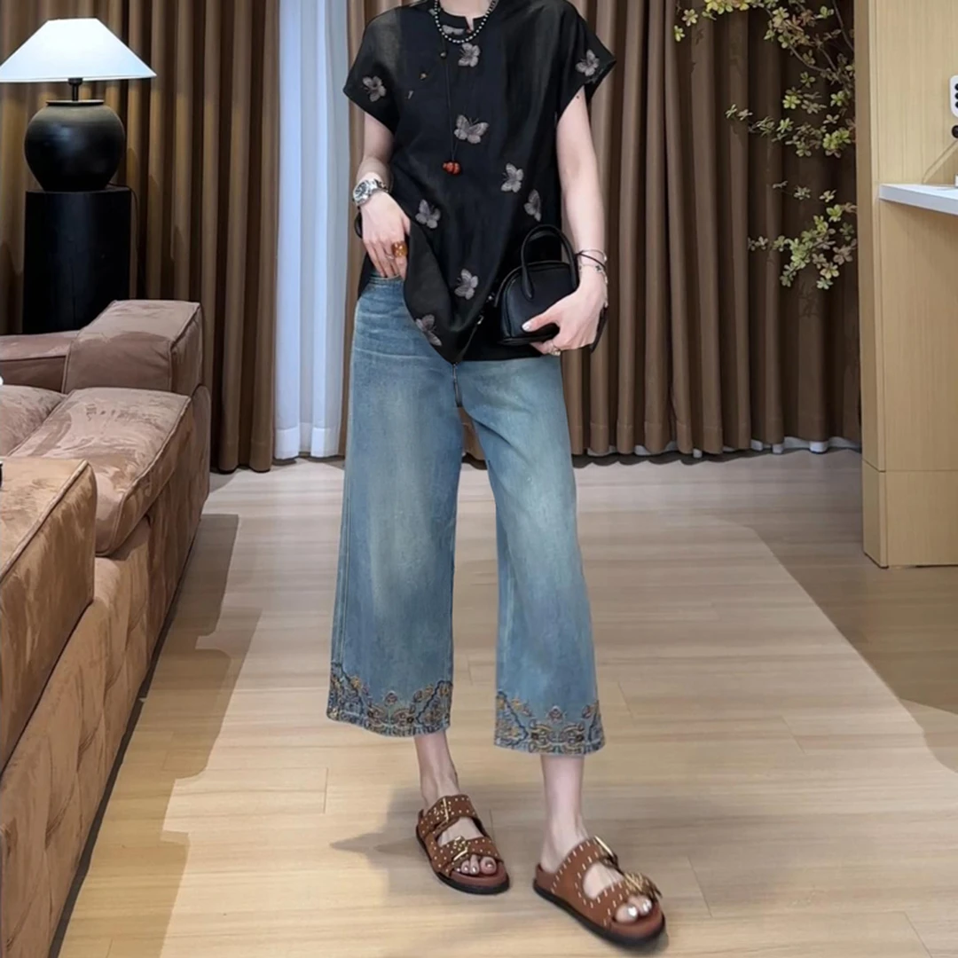 大码复古刺绣直筒牛仔裤女夏季新款九分裤胖mm显瘦宽松阔腿裤长裤
