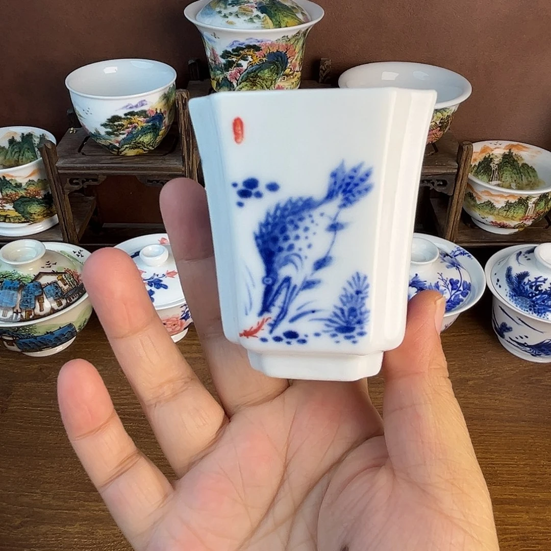 忠意堂釉下彩四方杯微瑕不退