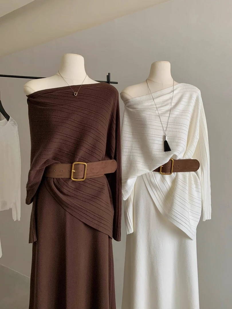 （套装+腰带）老钱风不规则斜领露肩针织衫气质宽松显瘦毛衣8809