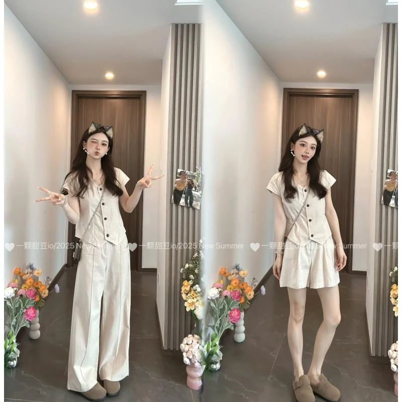 【甜豆专属】简约通勤亚麻套装#3130洋气减龄韩系长短阔腿裤两件套