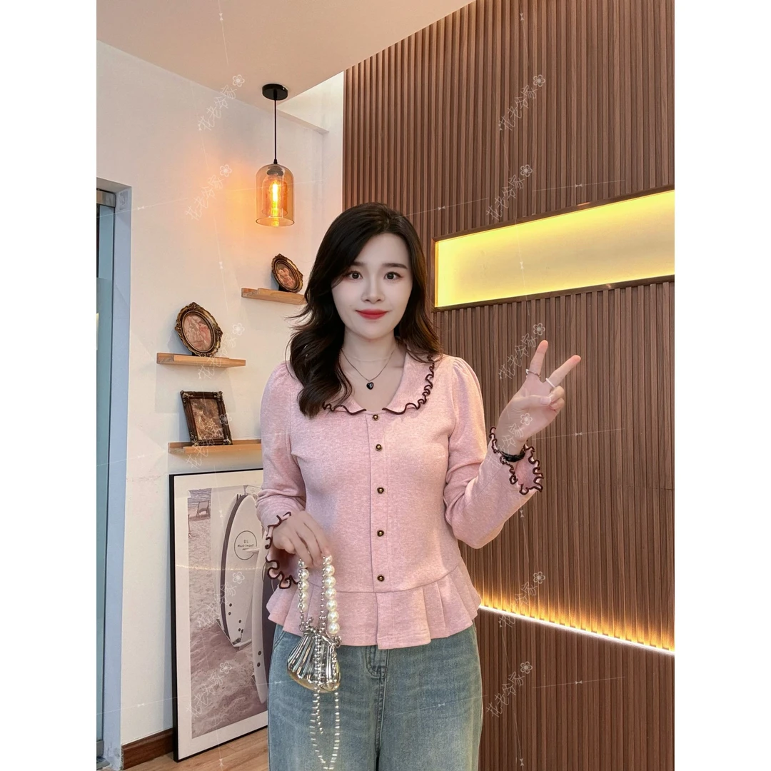 【仅上衣】花老爷微胖大码女装翻领花边温柔T恤HLY3730