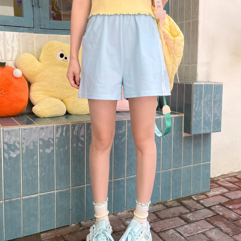 森女部落浅蓝甜美原创日常直筒休闲裤女夏季宽松短裤2025初夏穿搭
