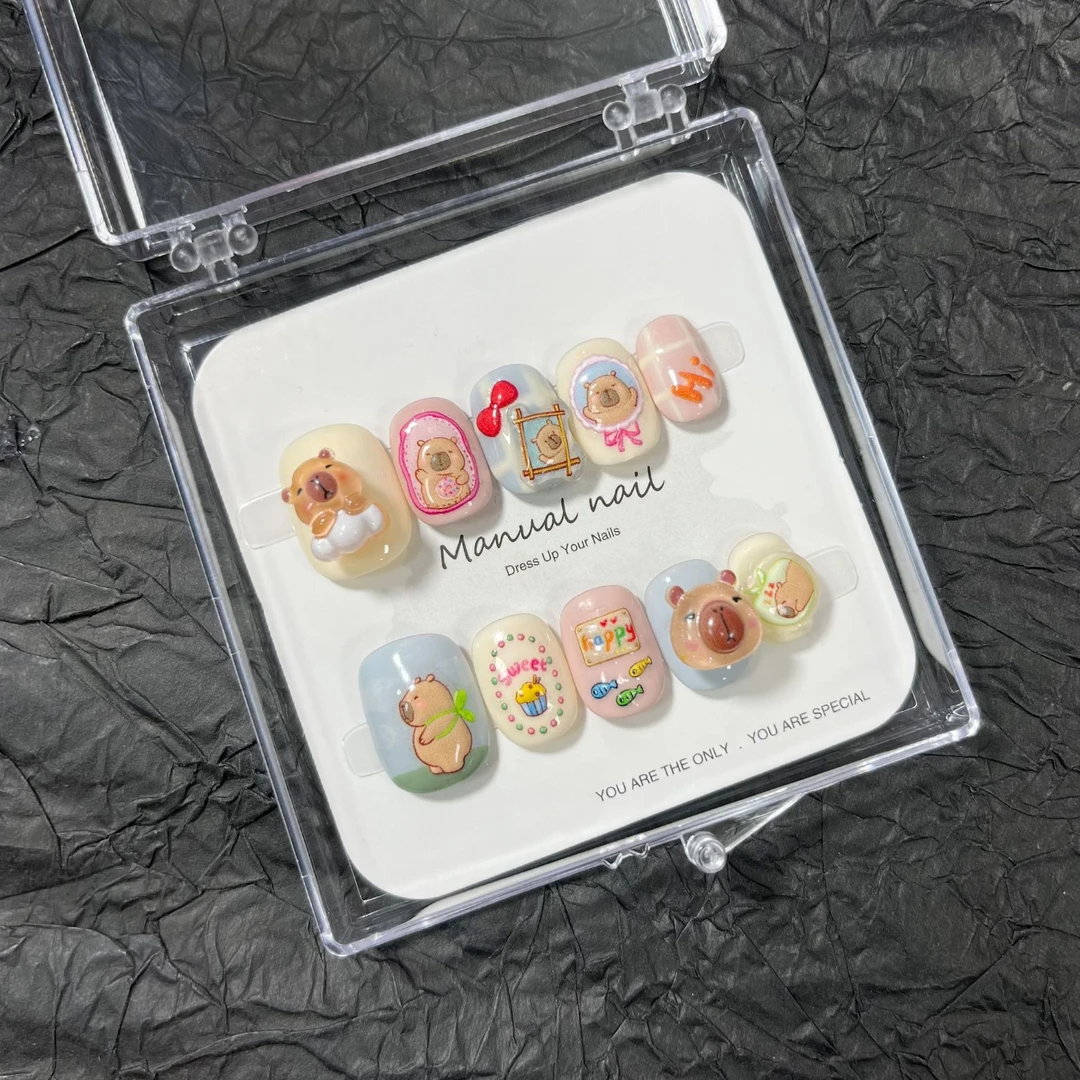 纯手工制作可爱卡通少女短圆（饰品可转）穿戴美甲贴片可拆卸A411