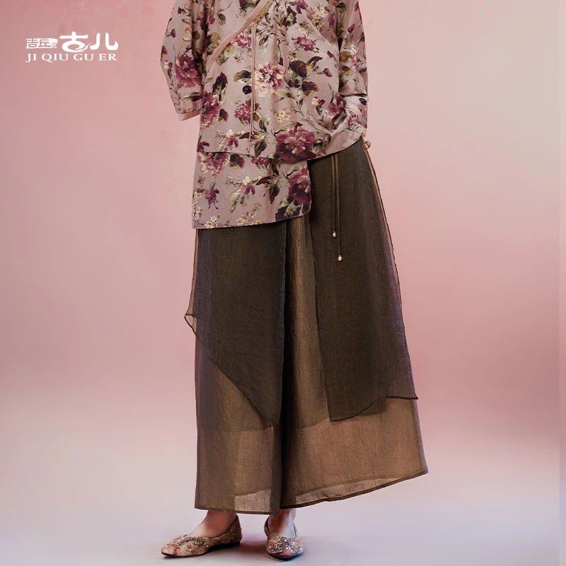 吉丘古儿梓澜新中式阔腿裤复古百搭宽松拼接慵懒休闲裤子G253K006