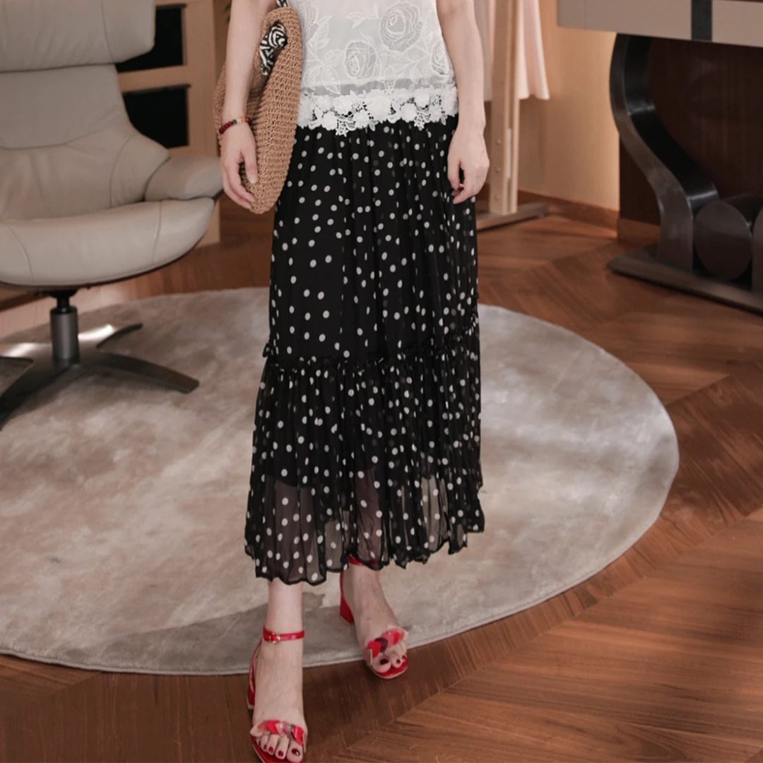 唯伊公馆夏季新款女士时尚百搭波点褶皱修身半身裙98619
