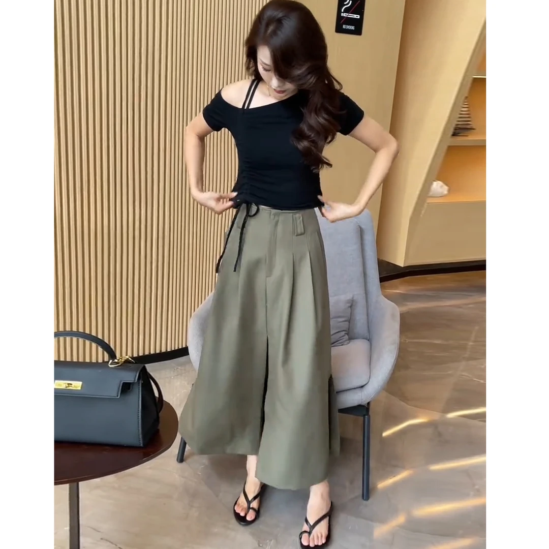 夏日ootd穿搭一整套复古洋气国风独特漂亮黑色上衣短袖半身裙套装