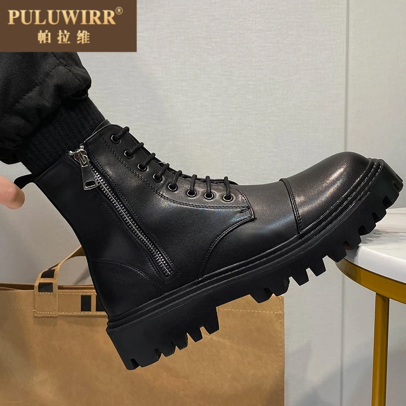 靴子男士高帮夏季透气工作鞋中帮皮靴男士真皮英式风格摩托车潮男