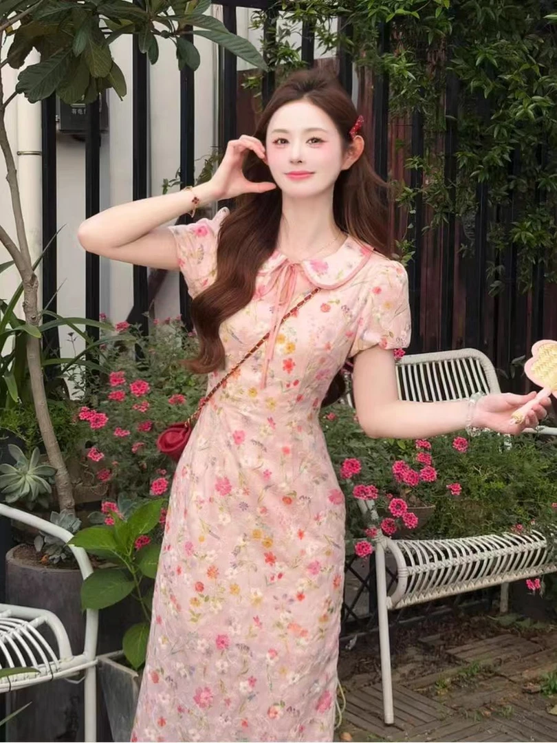 【漫花海】泡泡袖新中式小翻领碎花印花清新田园风旗袍连衣裙显瘦