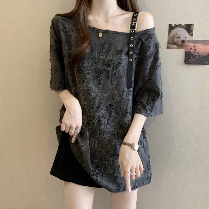 大码遮肚子美式复古斜肩短袖打底衫女夏季胖妹妹显瘦印花宽松上衣