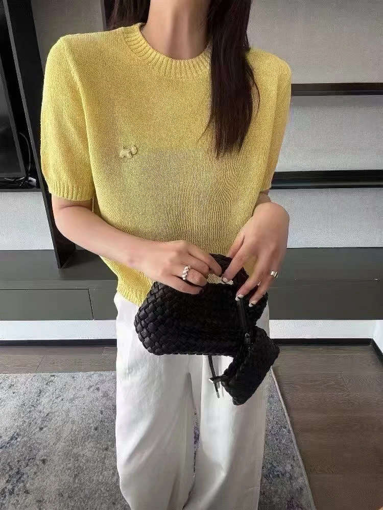 春夏短袖夏季毛衫针织衫纯色毛针织衫镂空毛衣宽松型圆领休闲