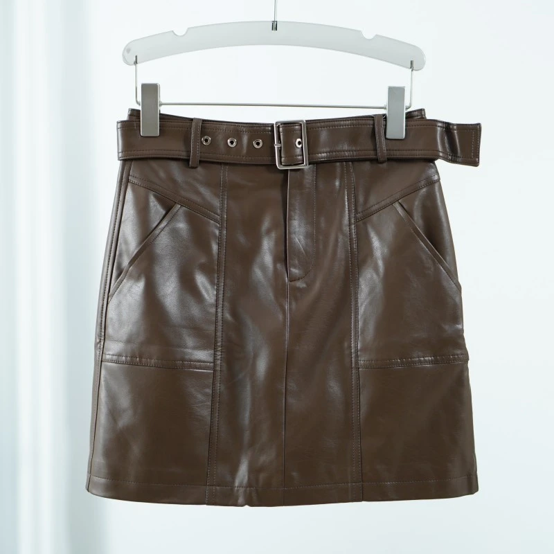 【三C・伊】S547-5  女装春秋简约时尚皮半裙咖色