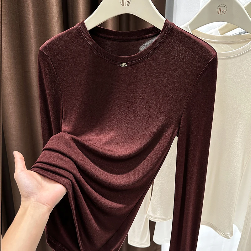 高档安可拉红圆领上衣女2025秋季爆款修身打底衫洋气内搭长袖T恤