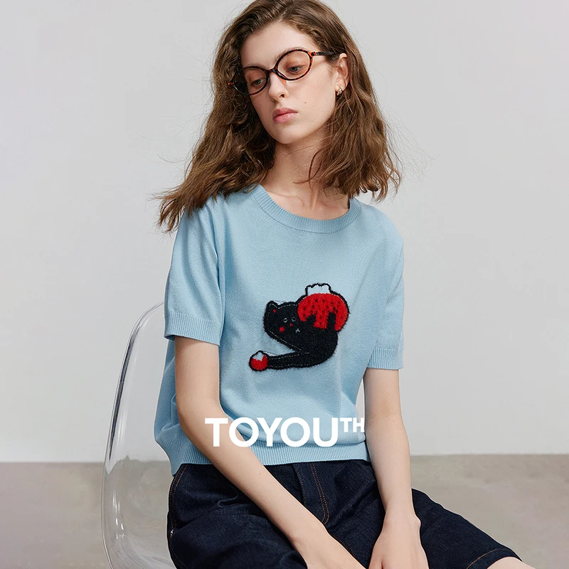 【年终狂欢购】初语圆领针织衫女2025夏毛绒猫咪贴布绣休闲T恤上衣