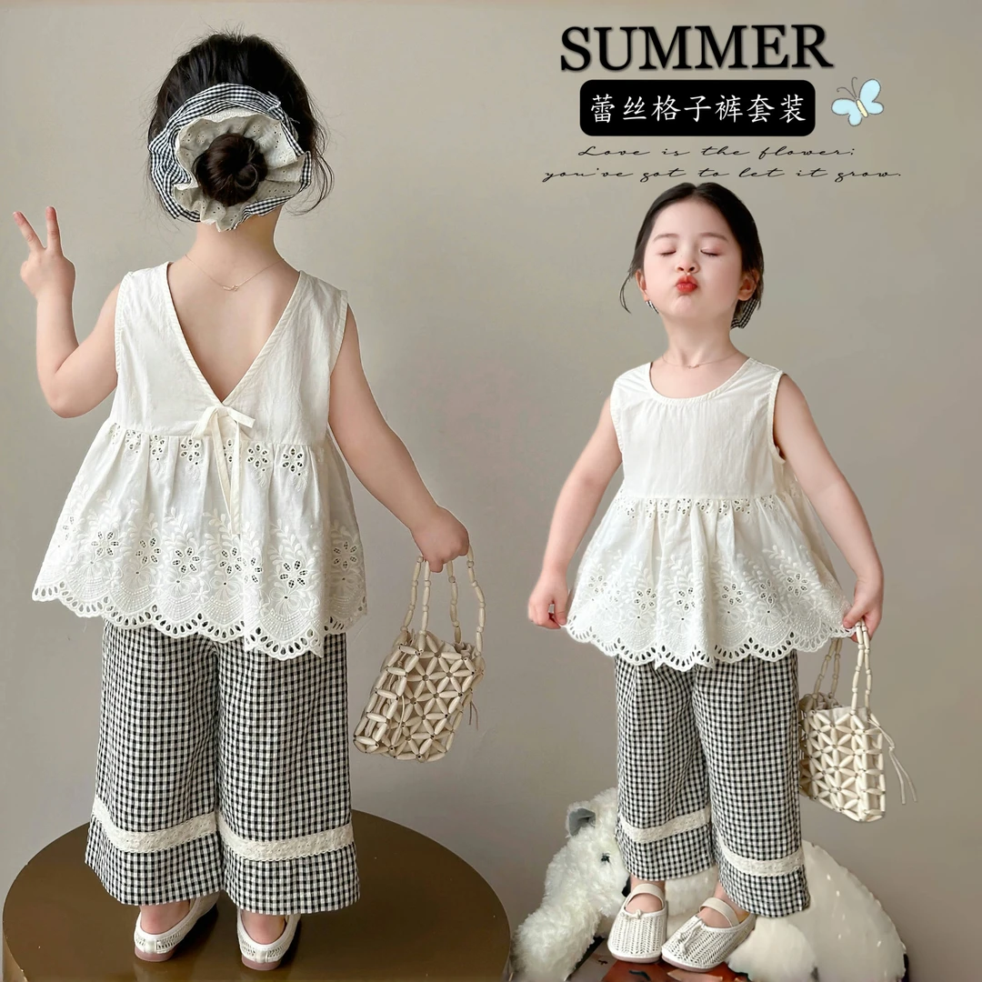 女童套装洋气儿童娃娃衫格子阔腿裤两件套小女孩宝宝夏装2025新款