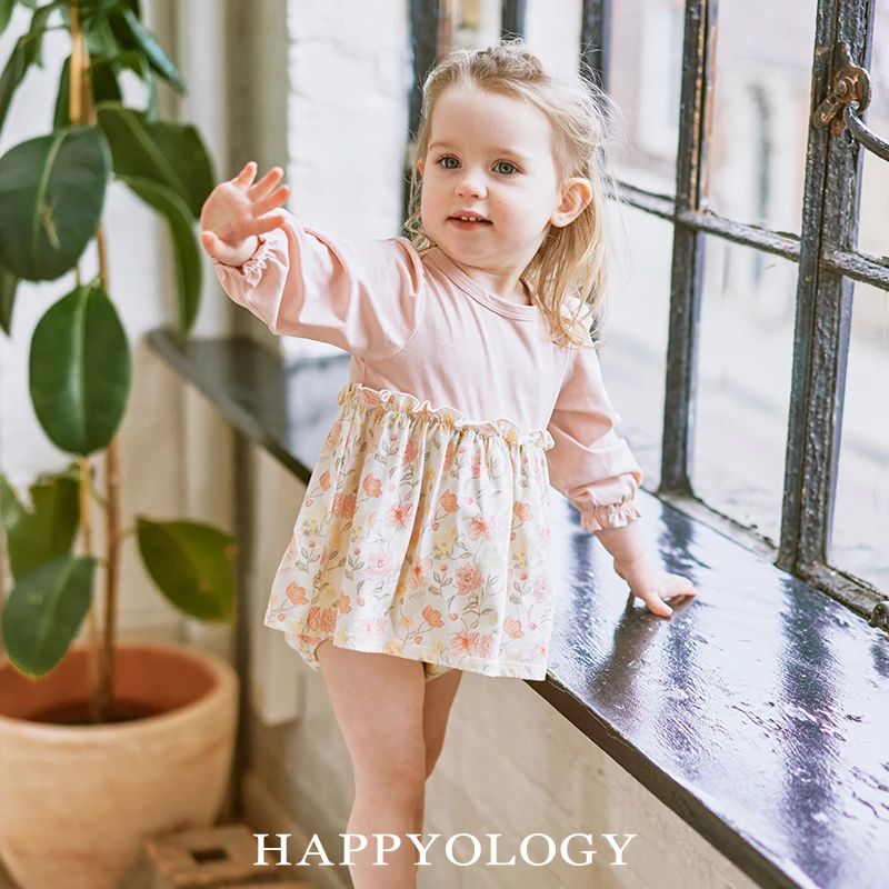 Happyology英国儿童春夏装新款爬服婴幼儿百天长袖拼接针织连体衣