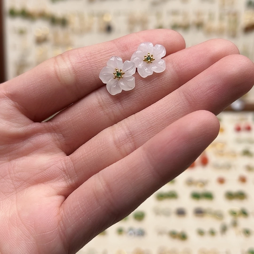 银S925镀金镶嵌和田玉耳钉