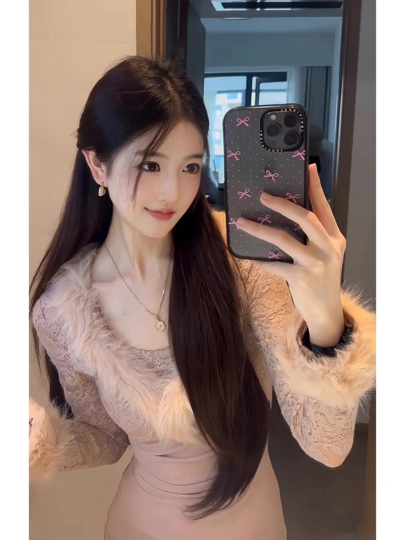 女人味优雅气质紧身包臀可拆毛领内搭法式温柔风粉色蕾丝连衣裙