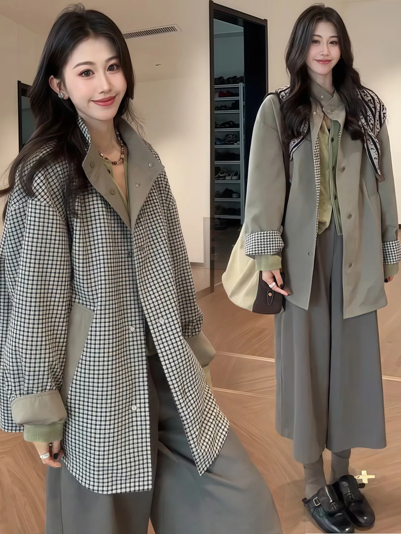 韩系设计感格子拼接两面穿中长款风衣女2025早秋新款洋气百搭外套