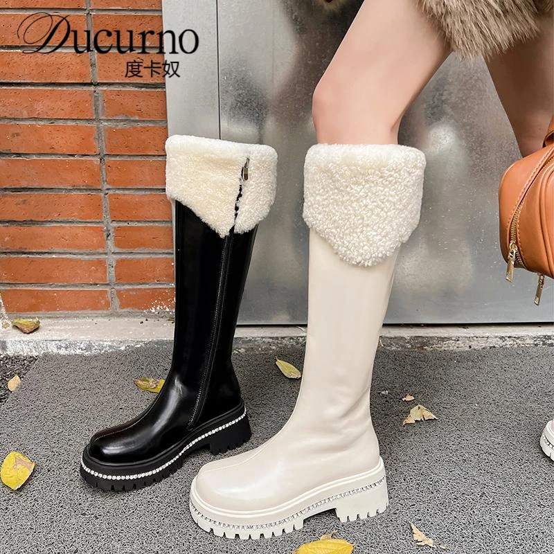 6CM超美水钻包边厚底骑士靴学院风时尚百搭圆头松糕底加厚雪地靴