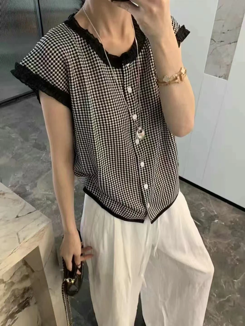 【雪纺黑白格】圆领小飞袖薄款夏季针织短袖T恤女开衫
