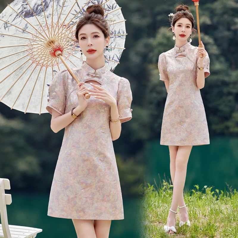 新中式国风改良旗袍连衣裙女2025新款夏季小个子显瘦盘扣显瘦裙子