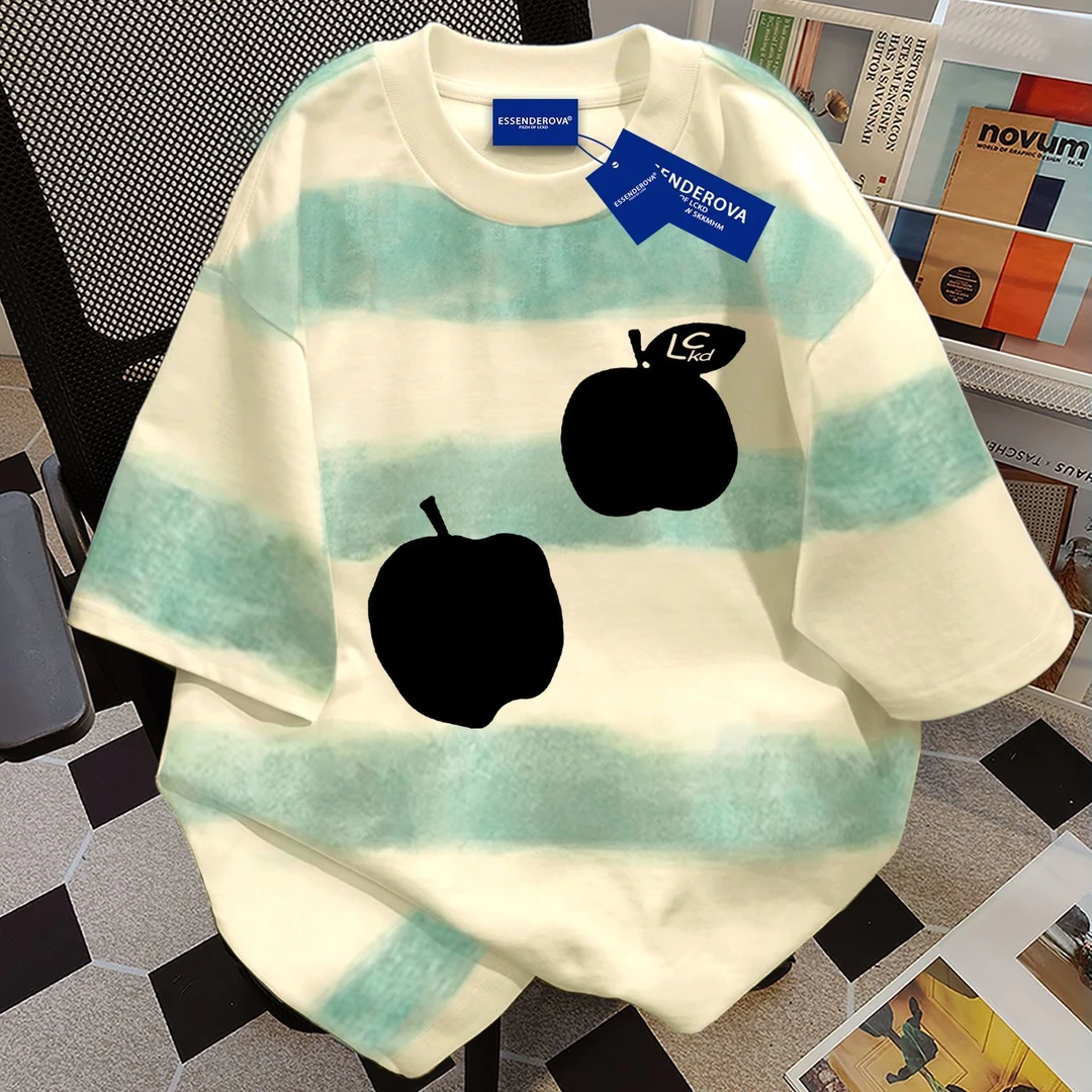 100%纯棉中性风扎染渐变条纹短袖t恤夏季爆款条纹圆领男女上衣