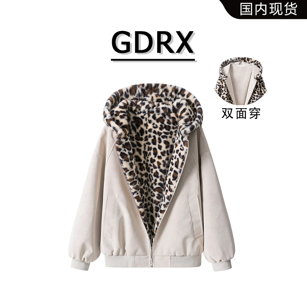 GDRX双面穿豹纹男款连帽棉服2025冬季潮流座山雕复古轻奢男装外套