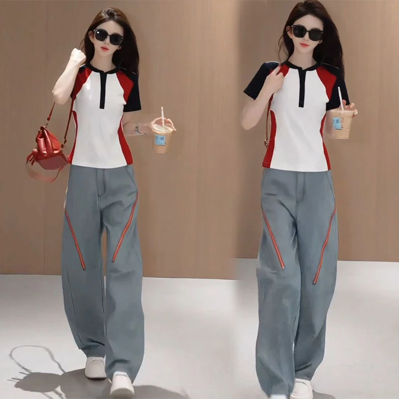 2025夏季拼色设计半开领短袖t恤高腰斜拉链条纹休闲裤子两件套装