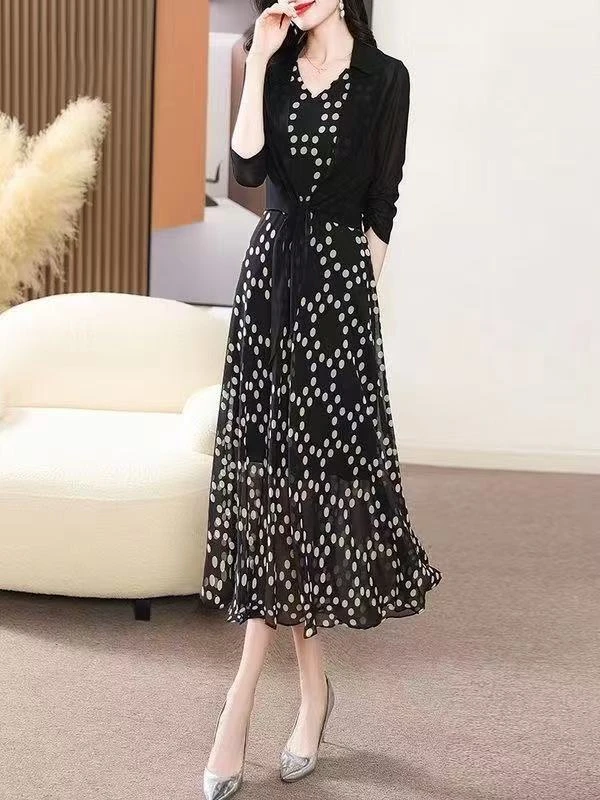 YQ25-9雪纺连衣裙两件套裙夏新款波点开衫印花时尚气质中长连衣裙
