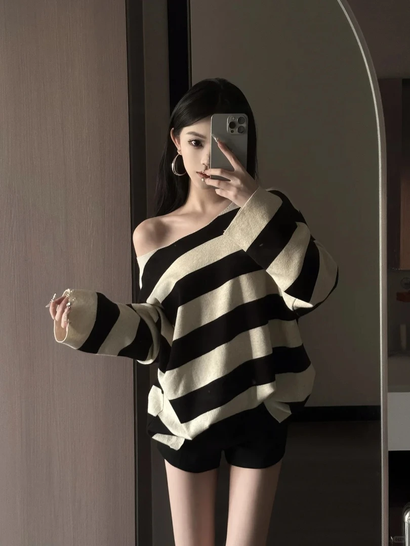针织毛针织衫大码波浪纹针织罩衫百搭韩版条纹毛衣