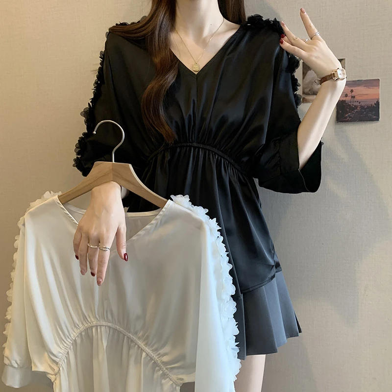 高级感醋酸缎面V领雪纺衬衫女夏季大码胖mm收腰遮肚气质独特上衣