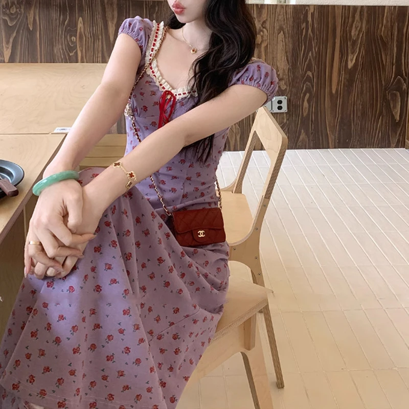 A新中式国风香芋可露丽碎花连衣裙女2025夏新款收腰显瘦长裙子